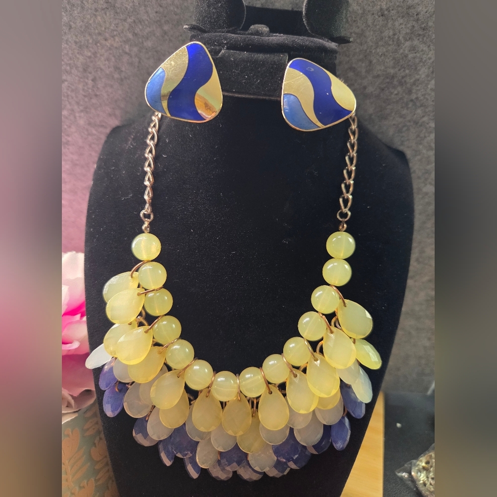 Blue and Yellow Necklace and Earring Set - Picture 3 of 5